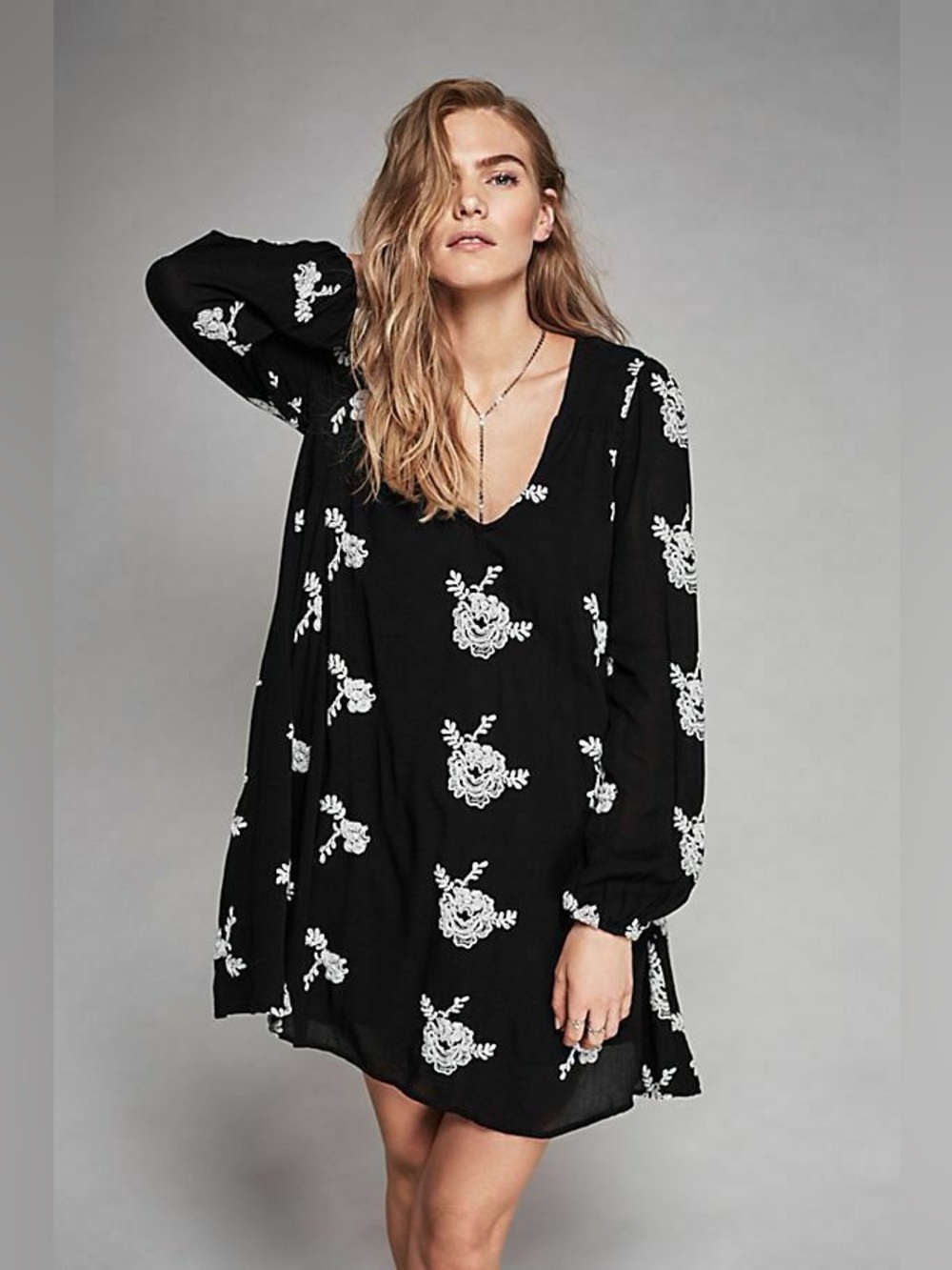 Free People Emma Embroidered Swing Dress in Black Size Small